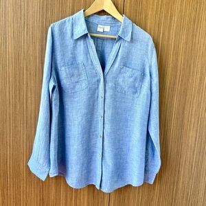Women’s Beach 100%Linen Size 14 Baby Blue Button-Up Shirt Roll Tab Sleeve